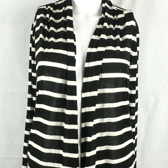 Three Dots Cardigan Womens Sz L  Black White Striped Open Front Stretch Knit‎ - Picture 2 of 7